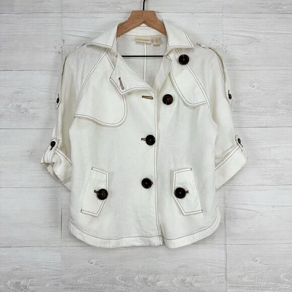 Chico’s 100% Linen Cropped Trench Jacket Women Small White Roll Sleeve Pockets - Picture 15 of 16